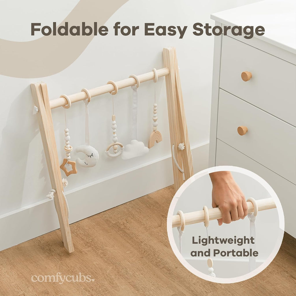 Wooden Baby Play Gym - Natural Finish Pinewood Baby Activity Gym with 5 Sensory Hanging Toys - Easy No-Tool Assembly