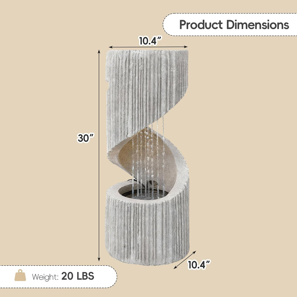 Modern S-Shaped Outdoor Fountain with LED Light, 30" Tall Spiral Column Waterfall Feature with Flat Top for Plant