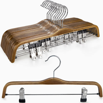 Wooden Pants Hangers, Slim Natural Wood Skirt Hangers with Anti-Rust Hook and Adjustable Metal Clips, Perfect for