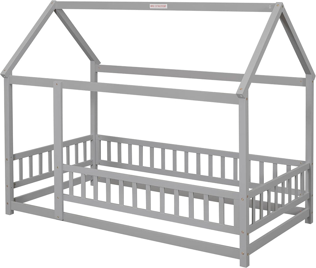 Montessori Floor Bed with Roof & Fence Guardrails for Boys Girls Bedroom, Floor Wooden Bed