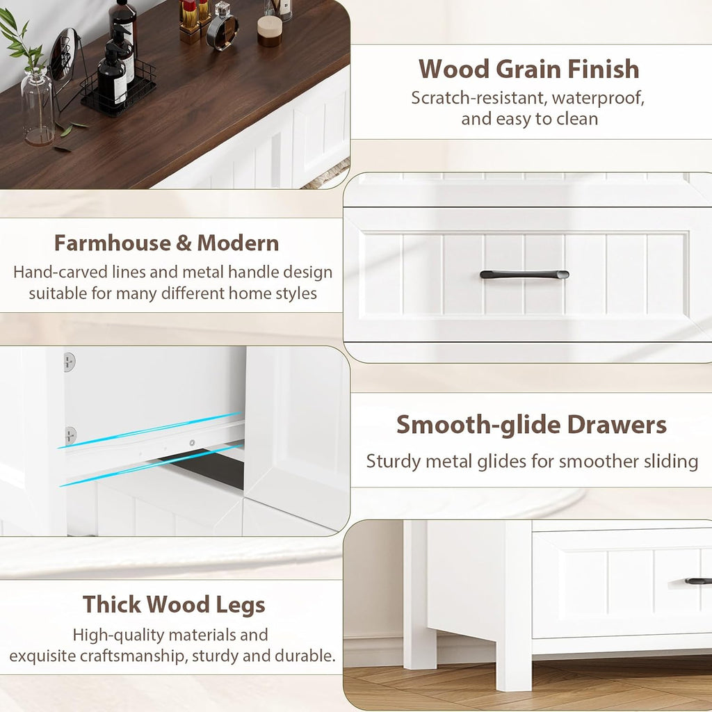 Farmhouse Dresser 8 Drawer Dresser , Large Wooden Dressers Double Grey Dresser with Deep Drawers Dressers (White and