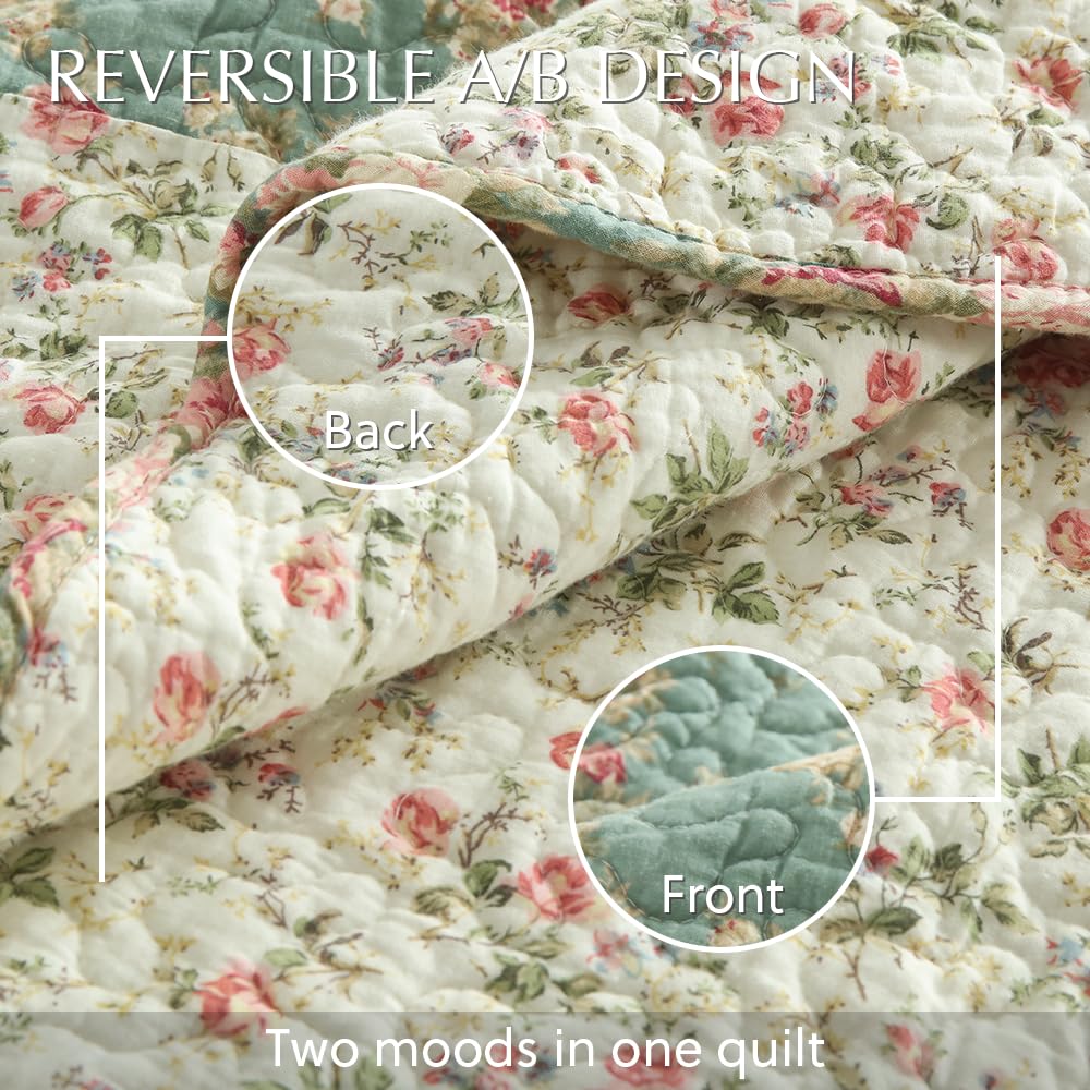 Cotton Bedspread Quilt Bedding Sets, 3 Pieces Reversible Coverlets Comforters Star with Green Floral Real Patchwork