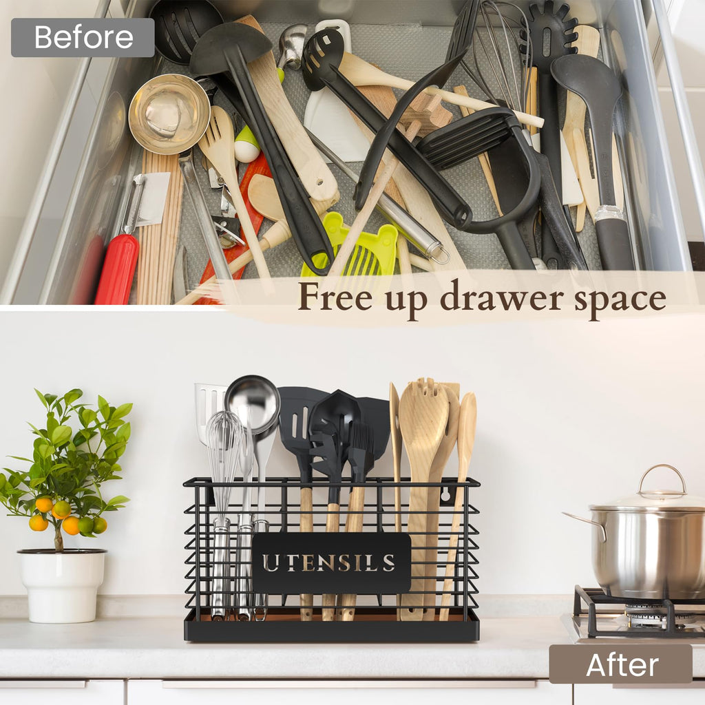 Utensil Holder Counter Large Black Metal Cooking Utensil Organizer 3 Compartments for Countertop Kitchen Tool Spatula