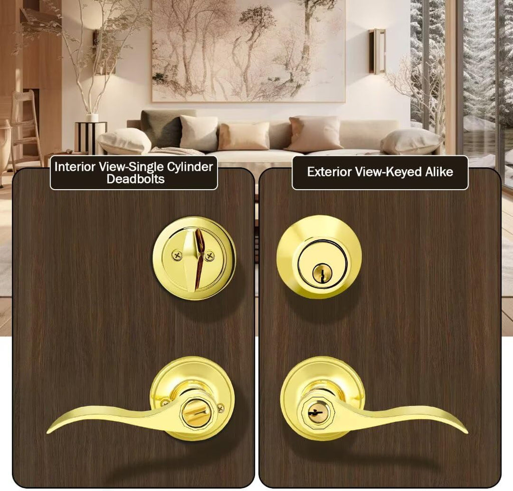 Keyed Entry Door Lock Set with Single Cylinder Deadbolt, Polished Brass Keyed Alike Door Handle with Lock - Door Lever