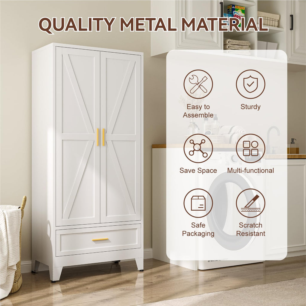 71" Metal Armoire Wardrobe Closet with Hanging Rod, White-X 1 Drawer