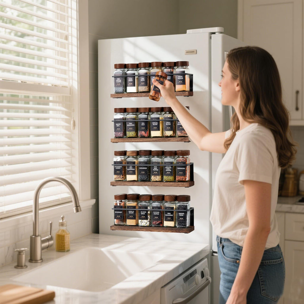 Wooden Lid Magnetic Spice Rack with 24 Jars, 216 Labels, 1 Steel Funnel for Refrigerator,Microwave Oven - Full Set