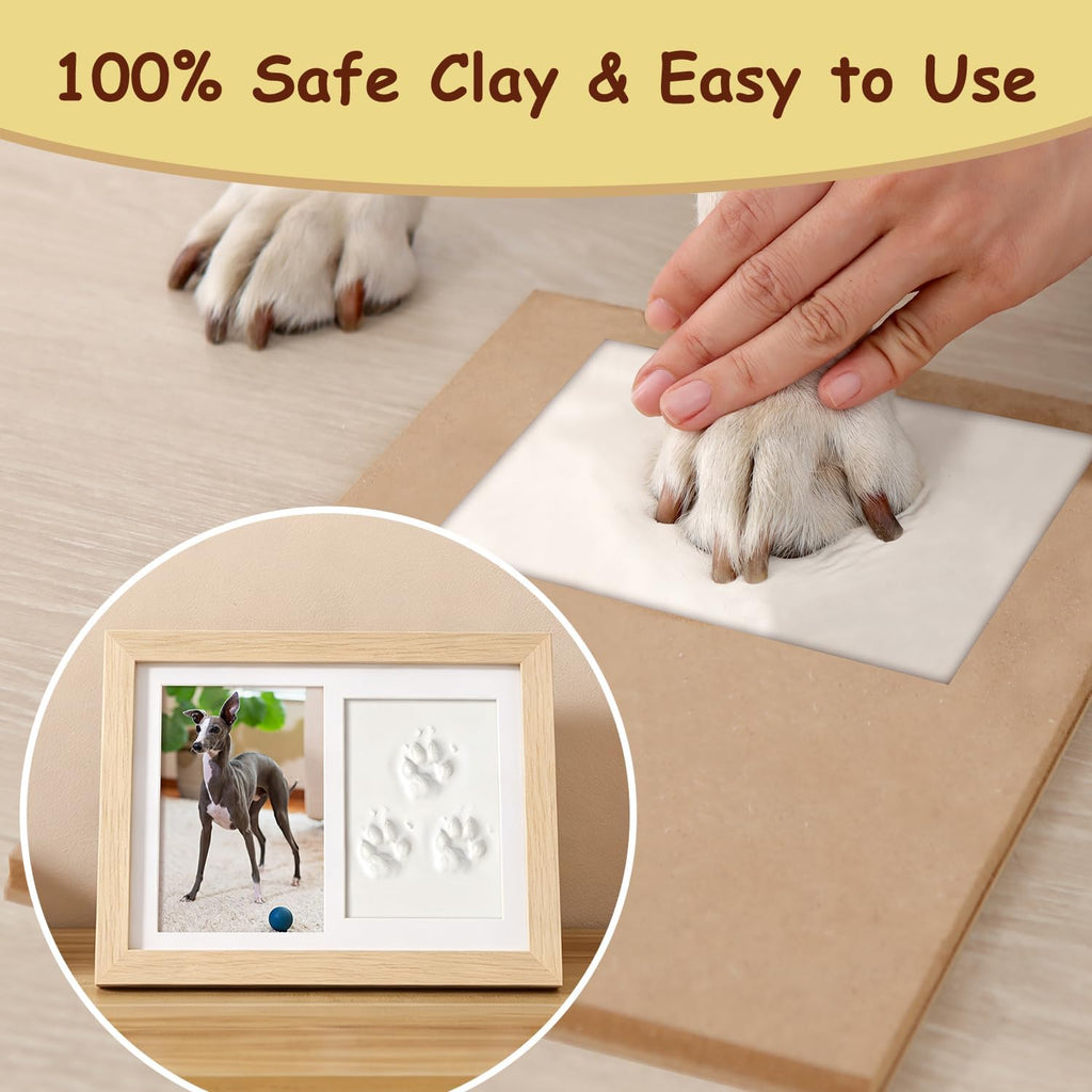 Pet Memorial Frame for Dogs and Cats, Pet Paw Print Photo Frame with Clay Imprint Kit, Pawprint Making Kit and Photo