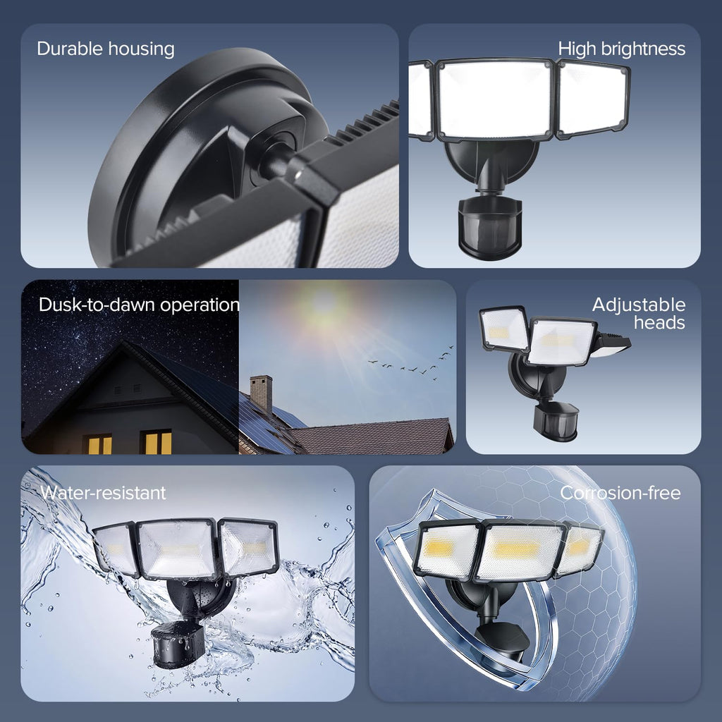 72W LED Security Lights w/PIR Motion Sensor Outdoor, 5000K Daylight Dusk to Dawn Aluminum Flood Light, 3