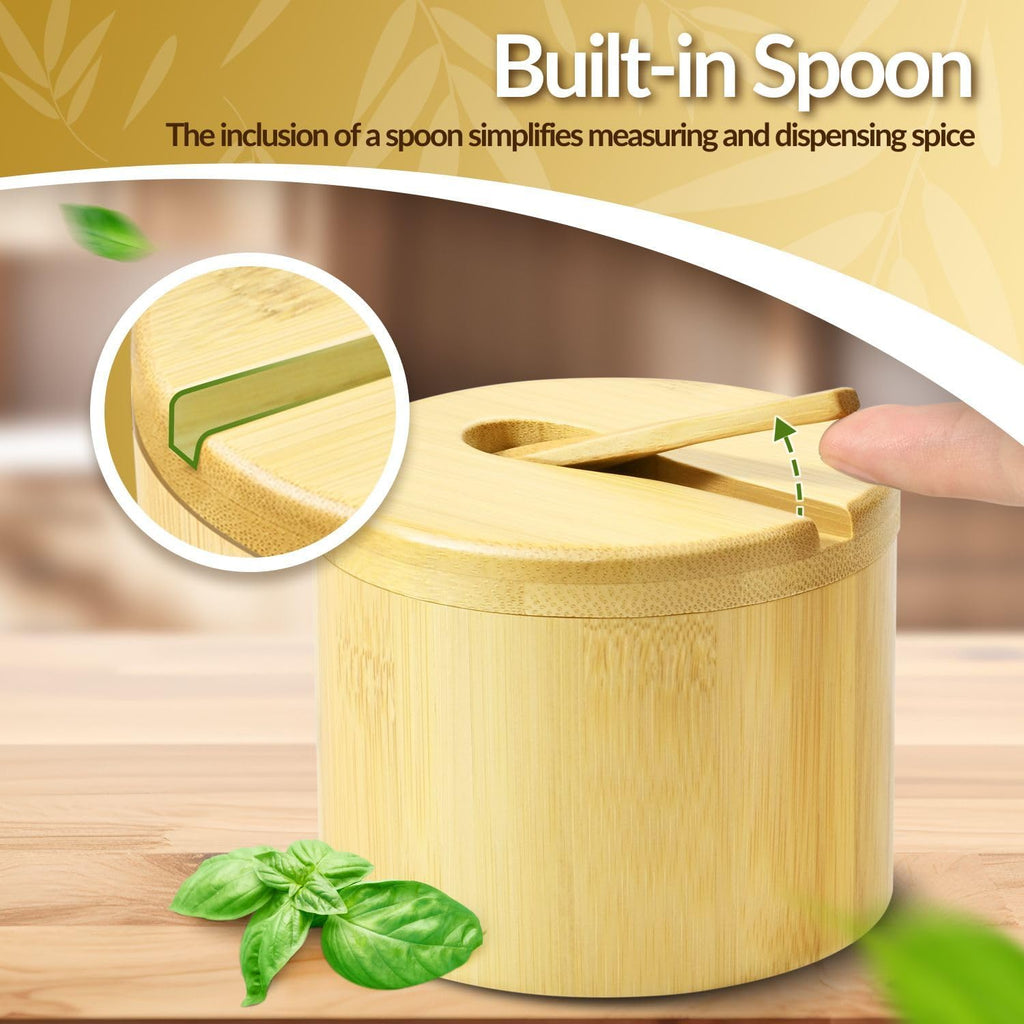 Bamboo Salt Cellar with Lid and Spoon, Salt and Pepper Box, 2 Pack - Set of 2