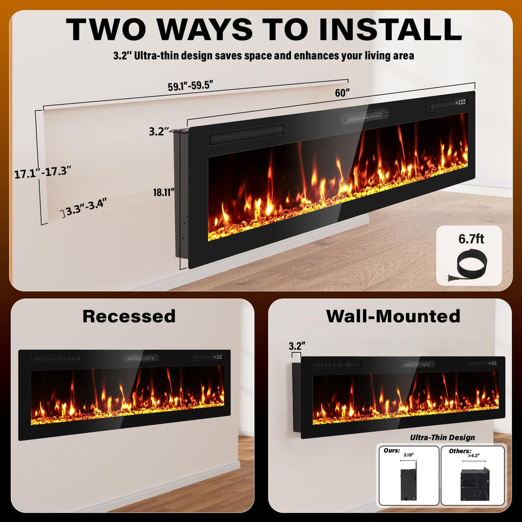 60" Electric Fireplace Recessed Wall Mounted, Ultra Thin Linear Fireplace Inserts, 12 Flame Colors, Timer, Remote &