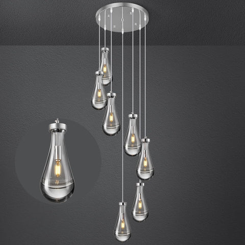 Raindrop Pendant Lights Kitchen Island Teardrop Chrome Hanging Light Fixtures Clear Solid Glass Pendant Light Modern Chandeliers for Dining Room Porch Corridor Living Room (7-Light) A121-B0CJF5LHJ9