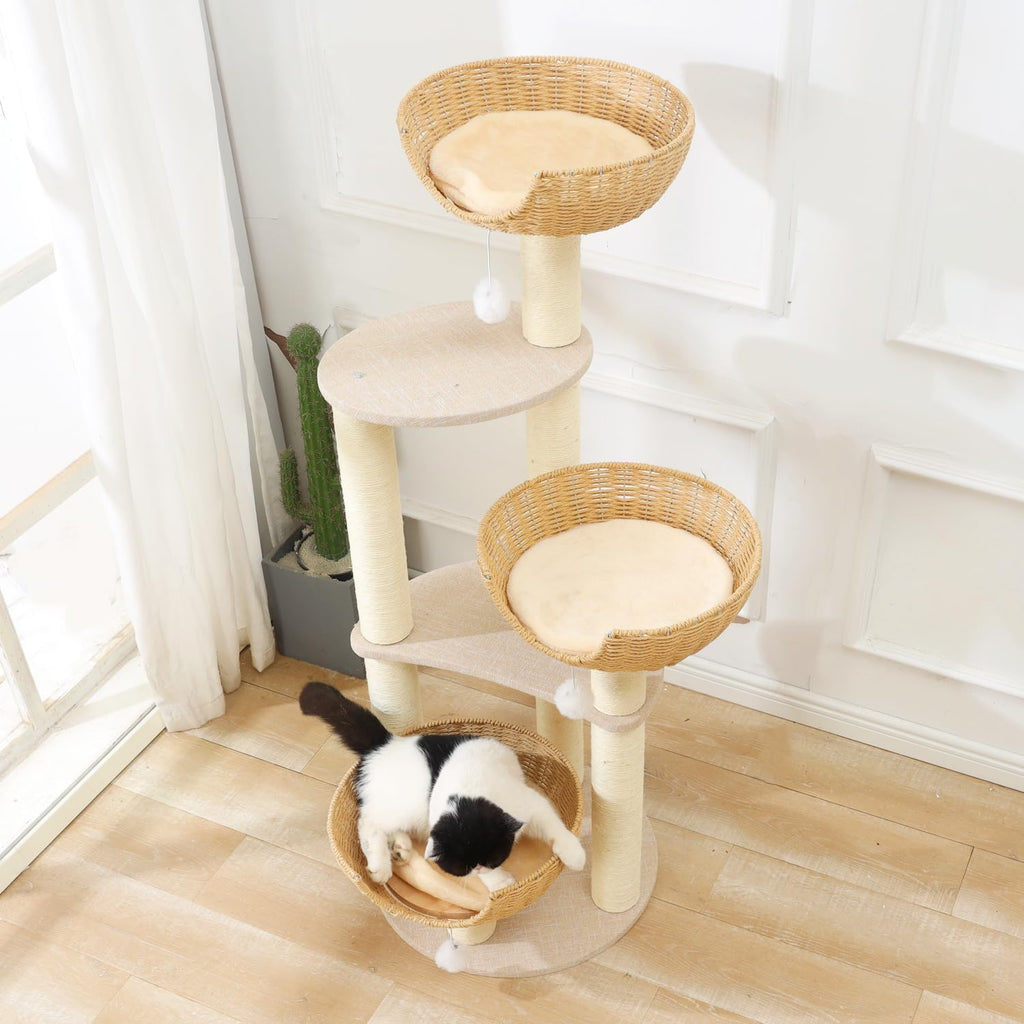 Modern Cat Tree Tower, Wooden Condo, 3 Large Rattan Wicker Basket Beds, Window Perch for Cats up to 20 lbs