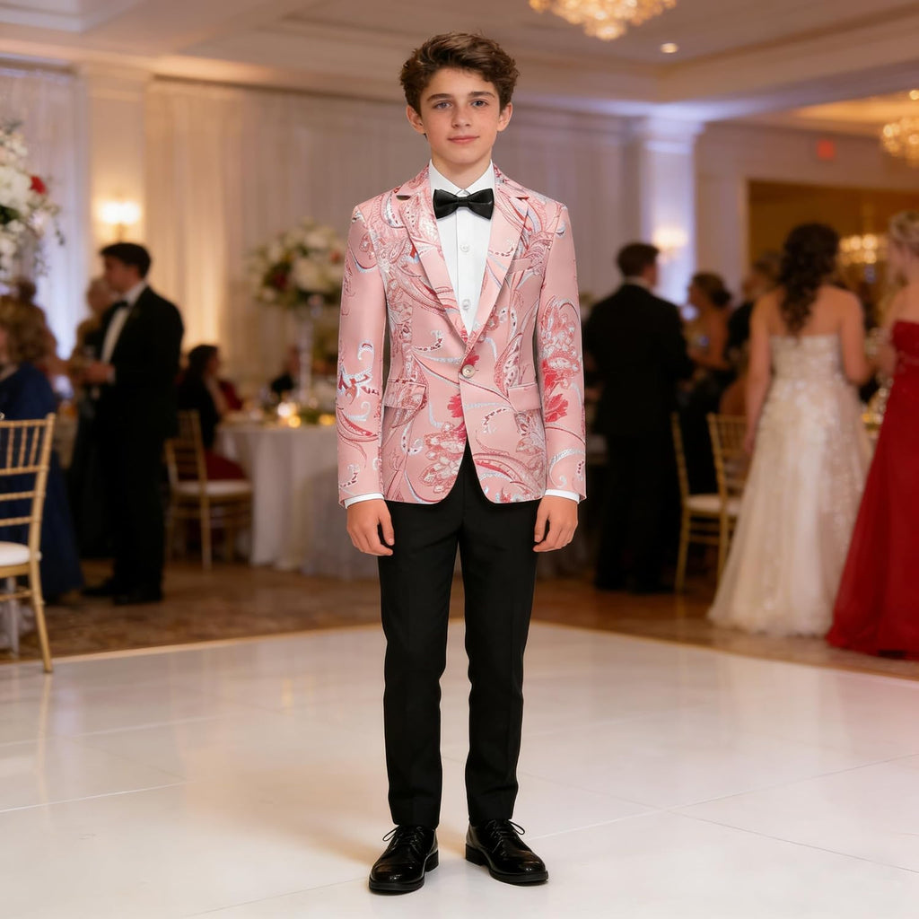 Boys Floral Tuxedo Suit Set Kids 3 Piece Slim Fit Prom Set