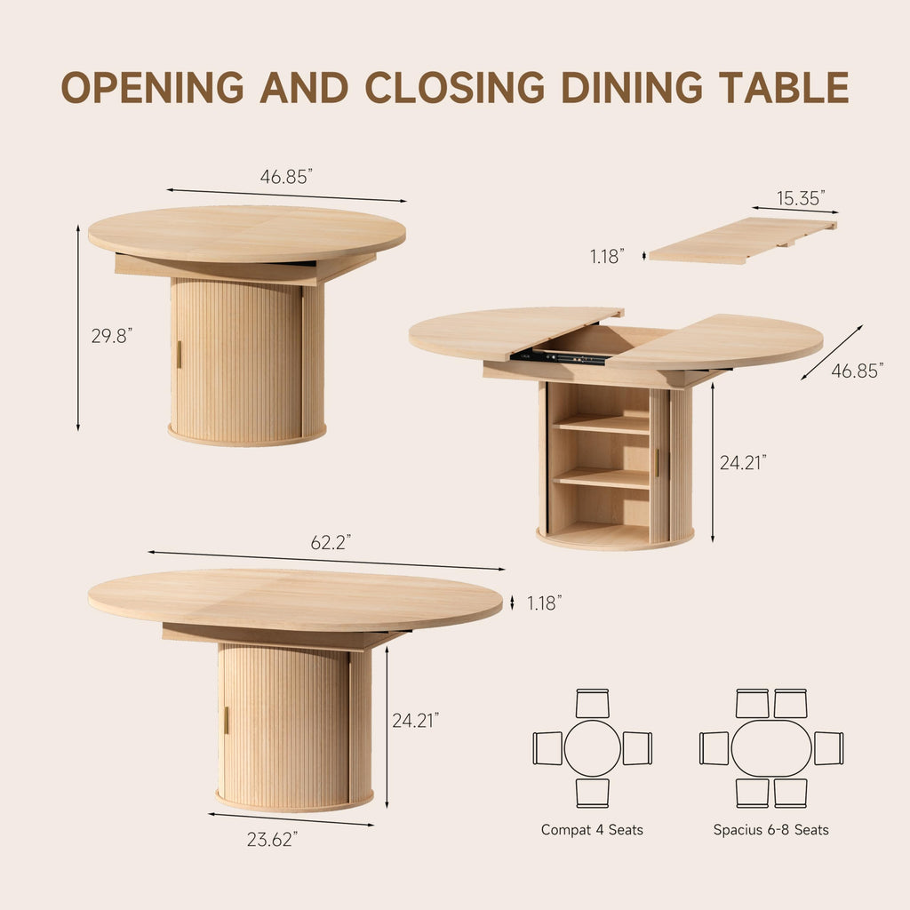 47"-63" Extendable Round Dining Table for 4-8 with Storage, Mid Century Modern Farmhouse Wood Oval Dinner Table with