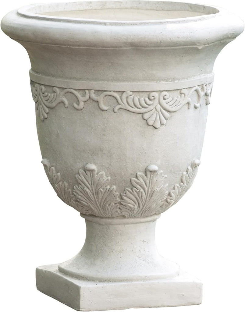Antique White Urn Planter, Tall Outdoor Flower Pot for Garden and Patio, Classic Pedestal Design, Durable Magnesium
