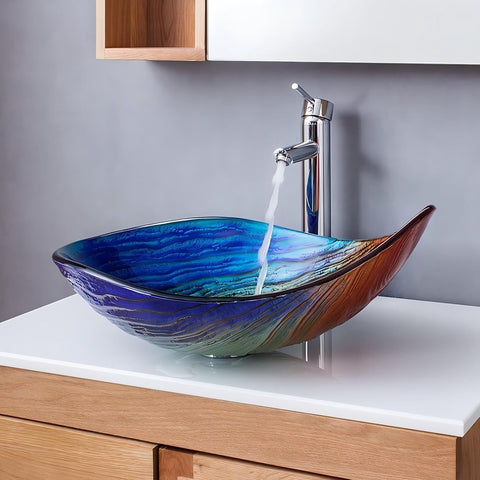 Vessel Sink, 21.6" Bathroom Sink Multicolor Irregular Teardrop Glass Bowl Sinks for Countertop Washbasin
