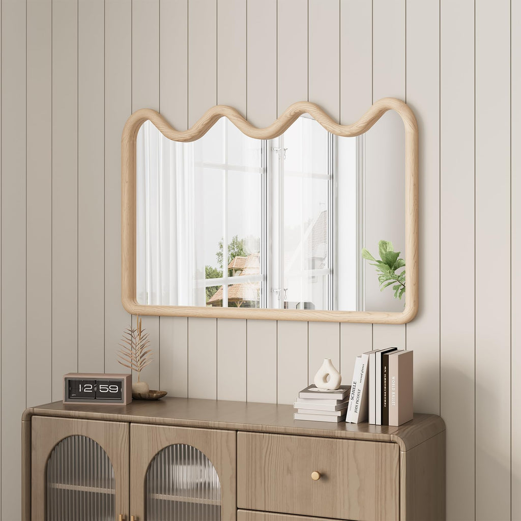 Wavy Mirror for Wall, 24x36 Inch Wood Frame, Natural