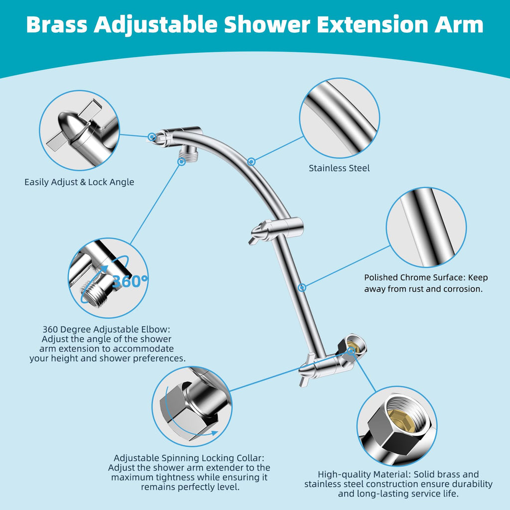 Rain Filtered Shower Head, 13'' High Pressure Rainfall 5 Modes Showerhead with 16" Shower Head Extension Arm, Solid