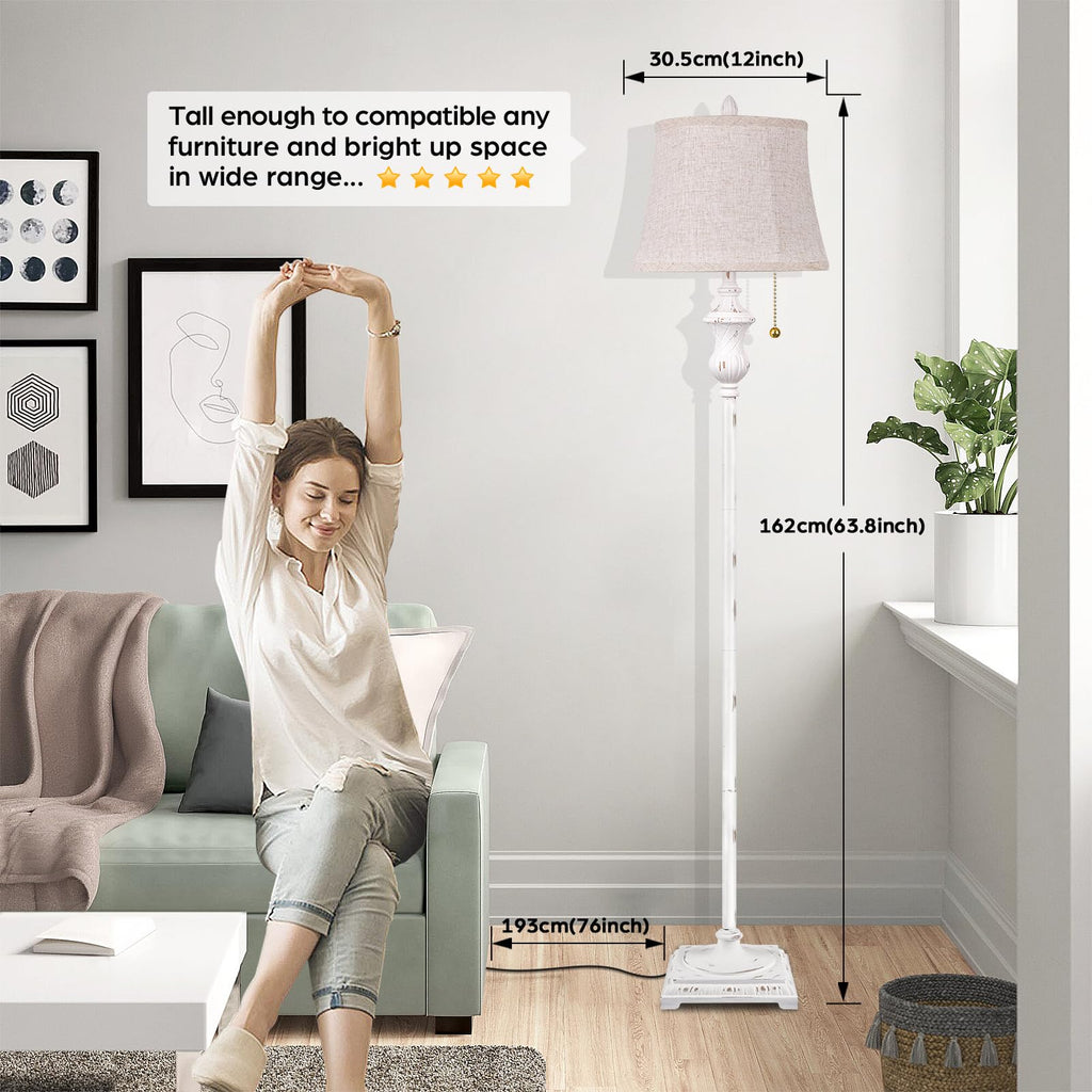 Rustic Vintage White Floor Lamp Bedroom, 64inch Traditional Tall Floor Lamp with White Linen Shade, Retro LED