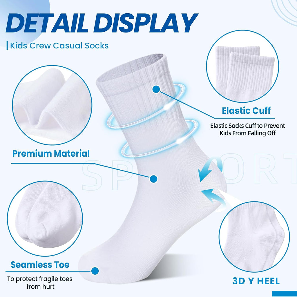 Kids Athletic Crew Socks Boys Girls Cotton School Uniform Casual Basic Socks 6 Pairs