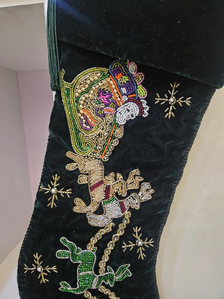 Handmade Dark Green Velvet Christmas Stocking 21"x7" - Beaded Santa & Reindeer Design | Luxury Embroidered Holiday