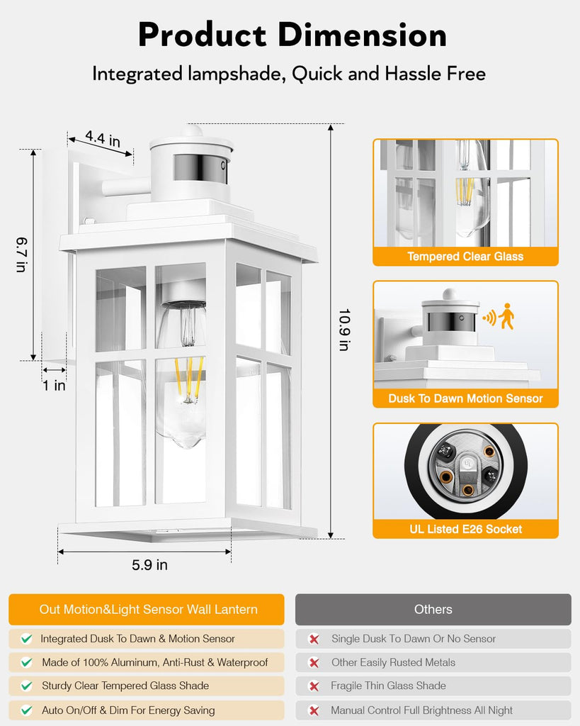 White Outdoor Wall Lights, Motion Sensor Porch Light Outdoor, Dusk to Dawn Outdoor Light Fixtures, Waterproof Outside