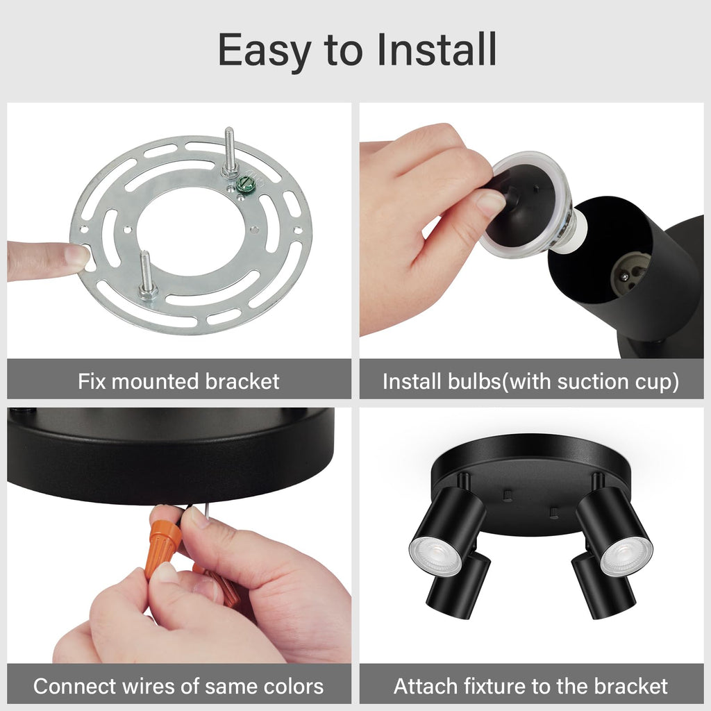 LED 4 Light Track Lighting Kit, LED Track Lighting Fixtures, Black Round Ceiling Spot Lighting, Flexibly Rotatable