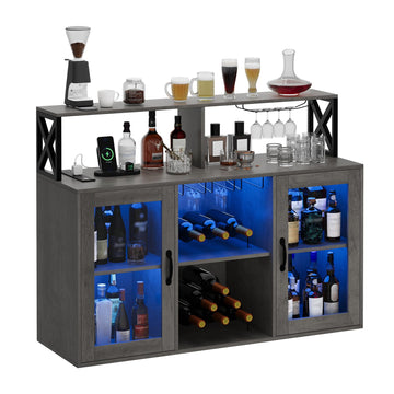 Wine Cabinet with LED Light, Bar Cabinet with Wine Rack, Glass Holder, and Power Outlets, Dining Room, Gray
