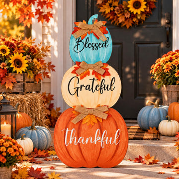 Fall Porch Decoration Blue Orange Stacked Pumpkins Wooden Standing Decor Harvest Outdoor Sign Farmhouse Autumn