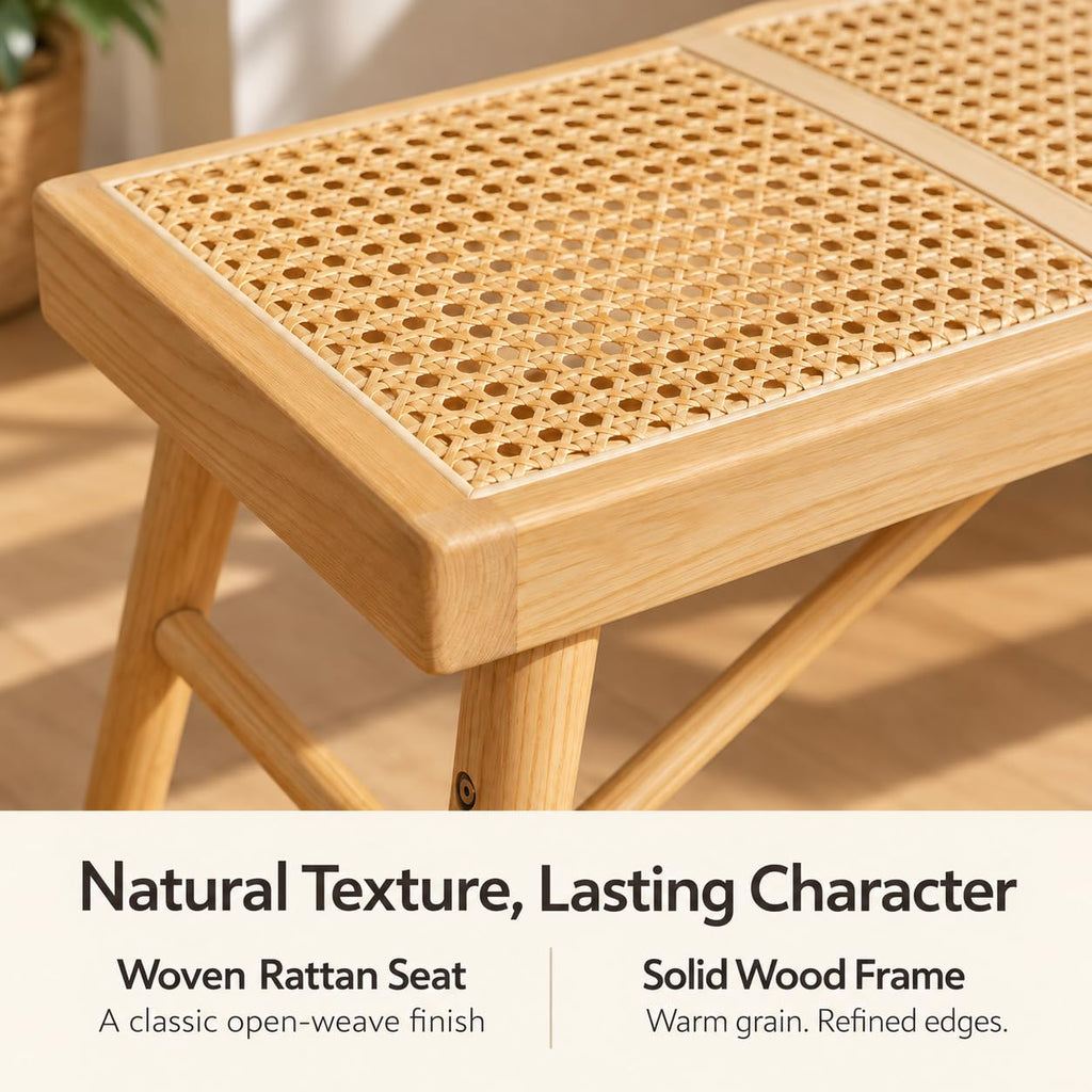 55" Modern Dining Bench, Solid Oak Wood Bench with Rattan Seat, Entryway Bench Table, Indoor Wooden Bench, Easy
