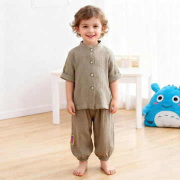 Baby Boys Girls 2Pcs Linen Clothes Set Button-down Long Tops+Elastic Cotton Gauze Long Pants