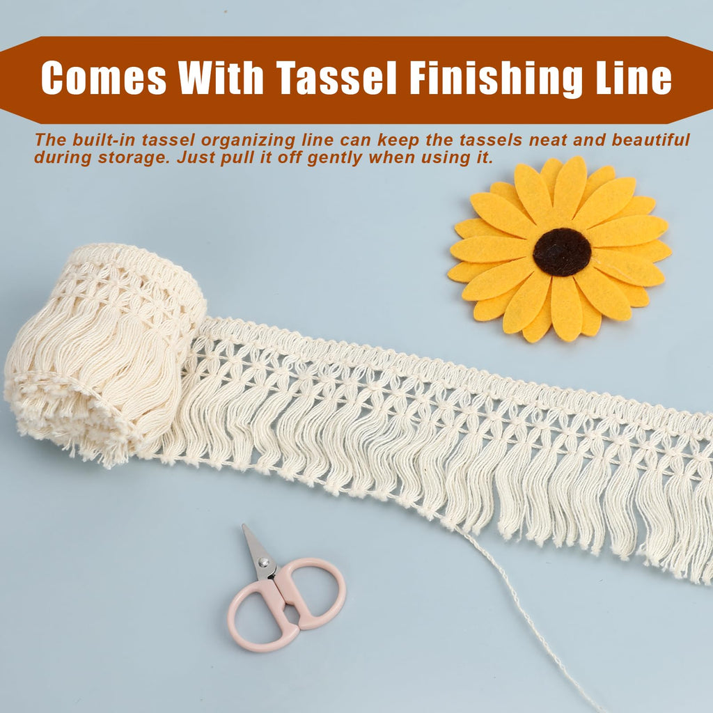 Fringe Tassel Trim 2.3-Inch Wide Boho Long Beige Lace Cotton Trimming for Clothes Curtains Dress Sewing - 10 Yards