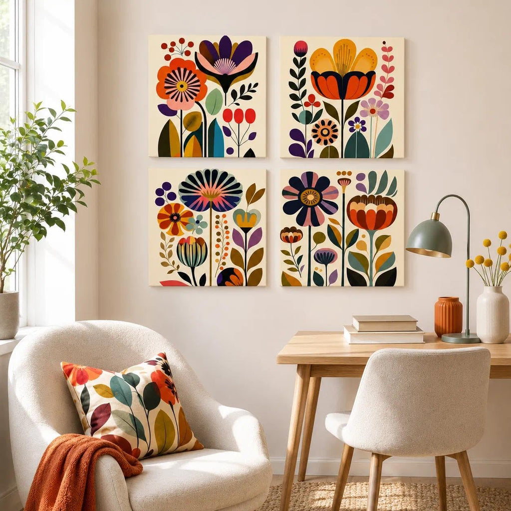 Mid Century Modern Floral Wall Art Set of 4, 12 x 12 Inch