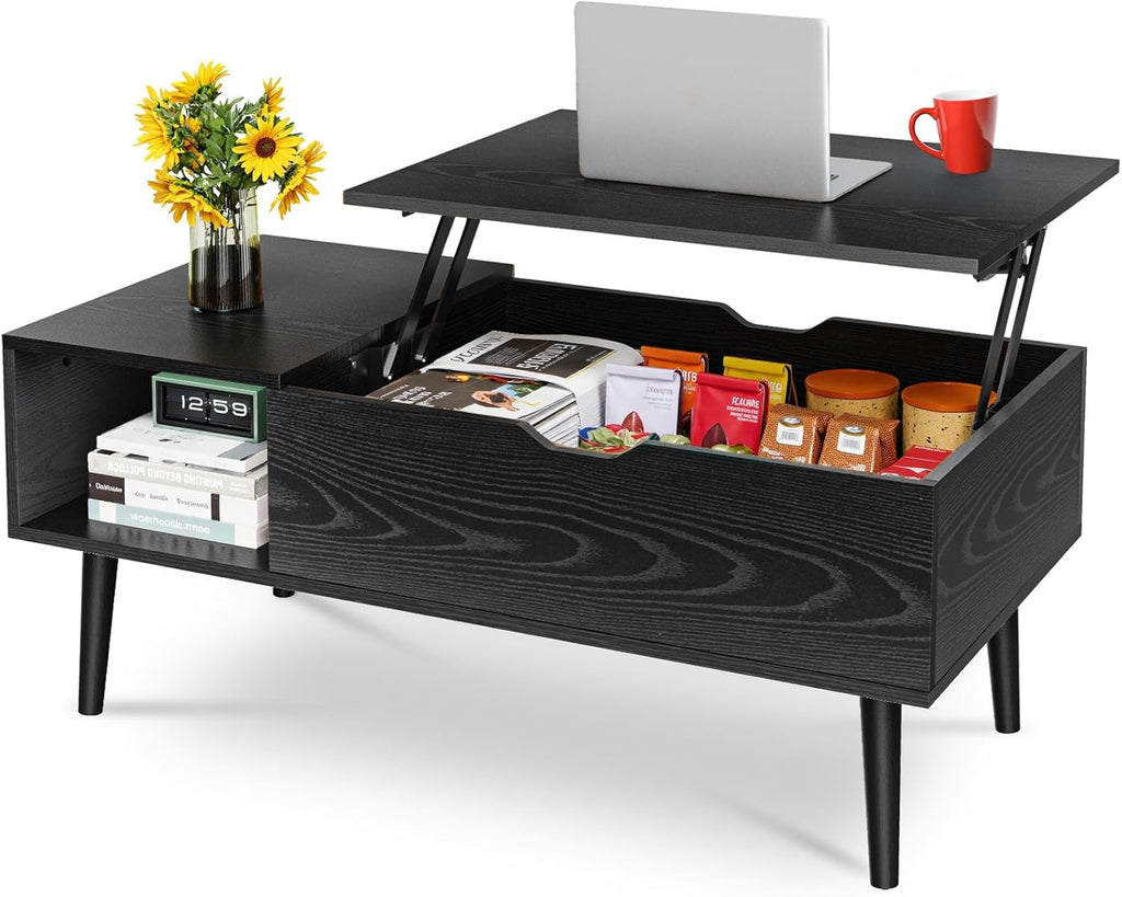 Wood Lift Top Coffee Table with Hidden Compartment and Large Storage Shelf