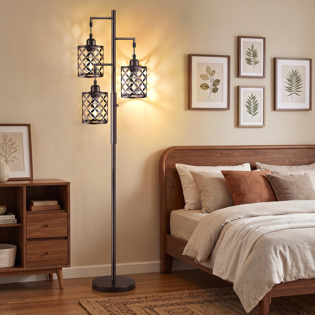Industrial Tree Floor Lamp, 68" Dimmable Farmhouse Tall Standing Lamp with Quatrefoil Cutout Shades & Rotary Dimmer