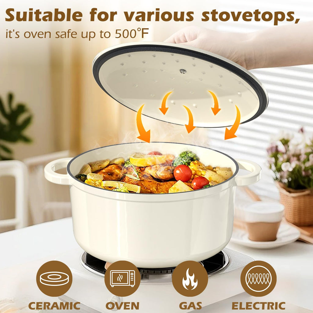 Enameled Cast Iron Dutch Oven - 5QT Pot with Lid & Cotton Potholders - Heavy-Duty Cookware for Bread Baking