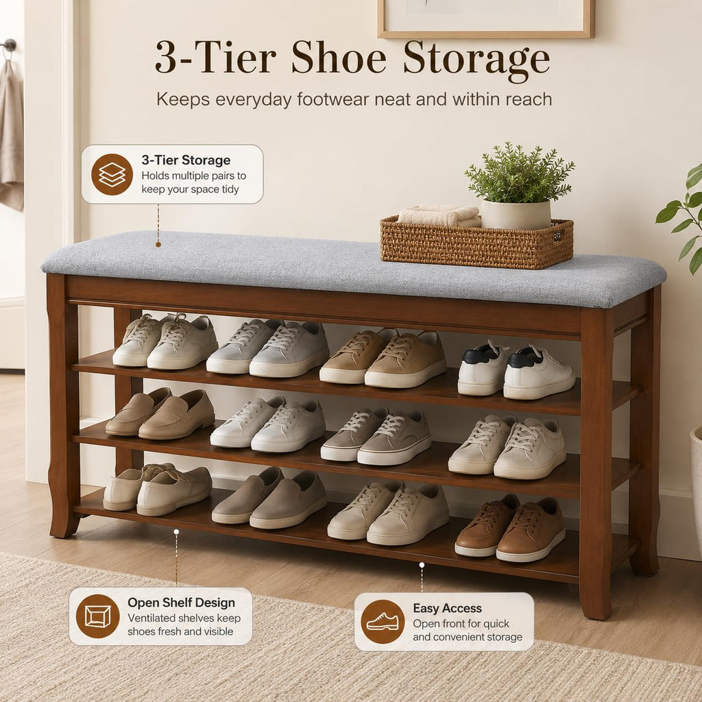 SolidWood Entryway Shoe Rack Storage Bench, Flip-Top Soft-Close Lid, 39.4''