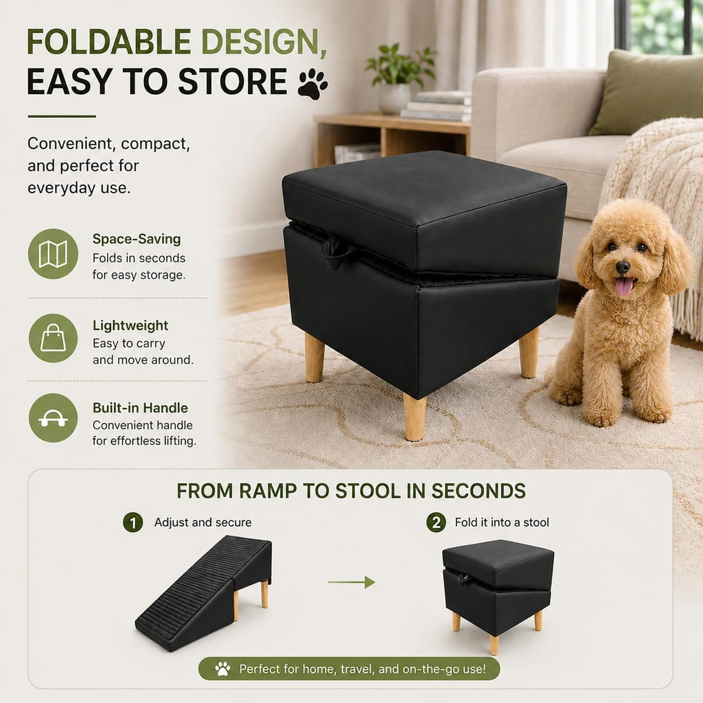 2-in-1 Foldable Ottoman Dog Ramp for Couch, Convertible Folding Dog Stairs for Couch and Bed, Non-Slip Wooden Pet