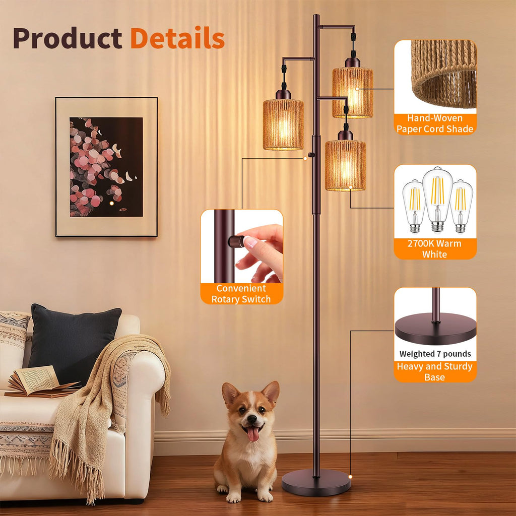 72" Boho Rattan Tree Floor Lamp, Tall Dimmable Industrial Standing Lamp, Corner Decor Accent Lighting, Cafe (3 x