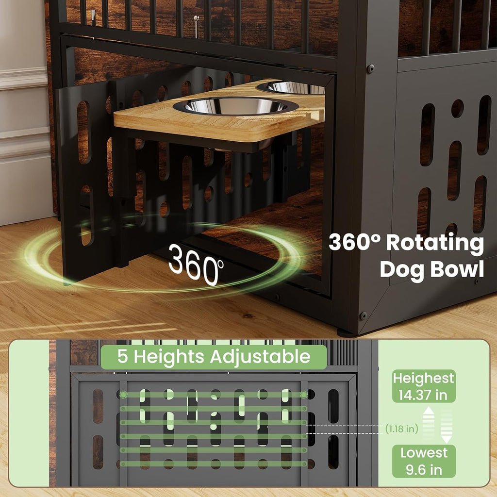XXL Dog Crate Furniture, Wooden Chewproof Dog Kennel with Interactive Window, 360° Adjustable Bowls (5