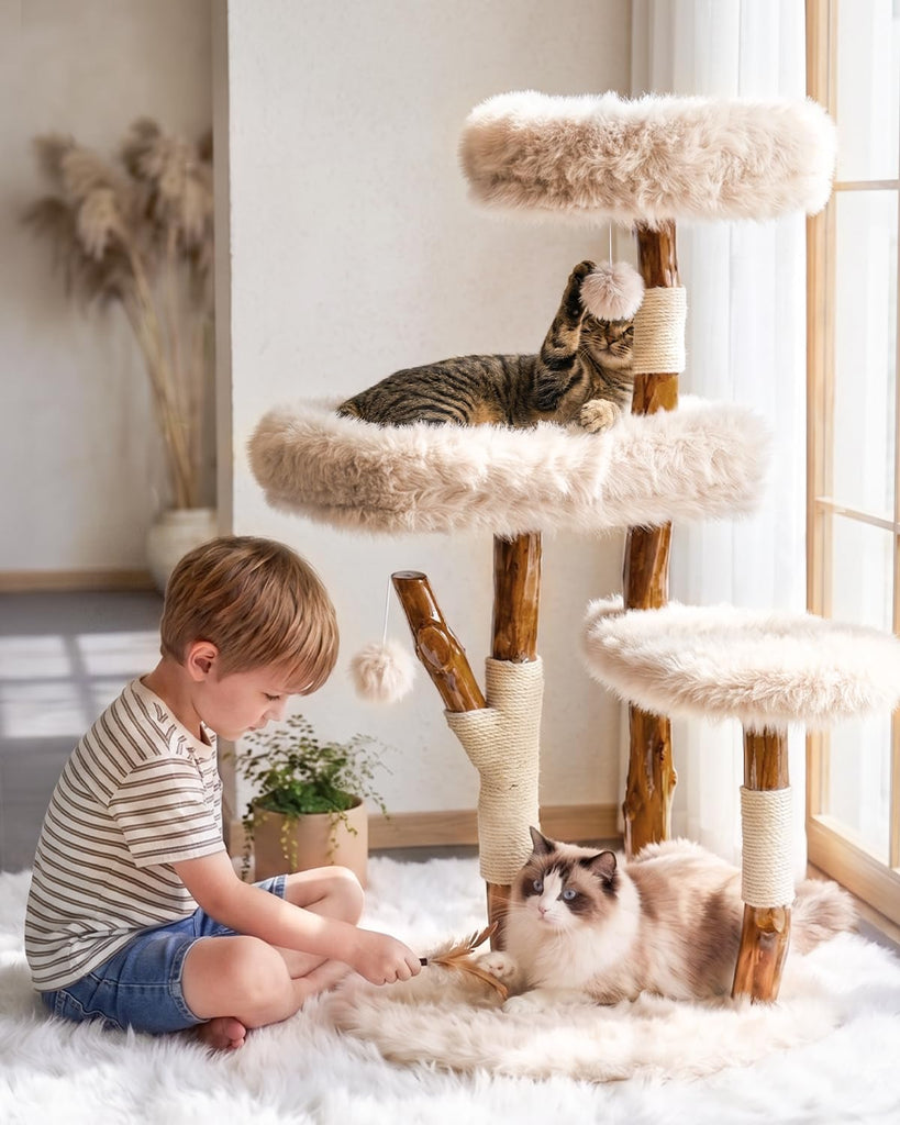 Solid Wood Cat Tree, Boho Modern Cat Tree Tower with Real Branch