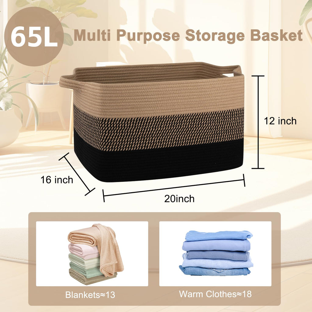 Large Blanket Basket, 65L Cotton Rope Woven Laundry Basket, Toy Bin for Baby Room, Container for Blanket Storage