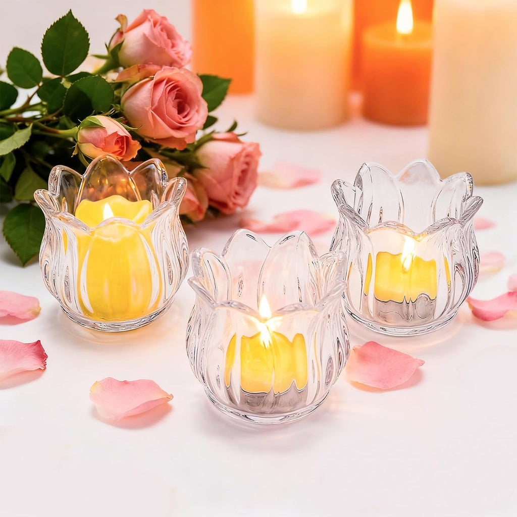 Set of 12 Tulip Glass Votive Candle Holders, Decorative Tea Light Candle Holders, Clear Glass Flower Tealight Candle