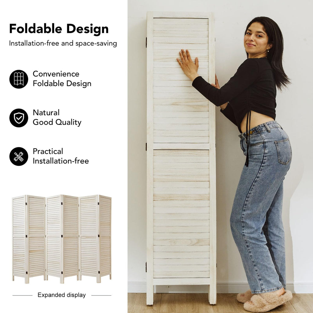 White Room Divider, Temporary wall with Double Hinges, 5.6 Ft Tall Folding Louver Wood Screen Bedroom Hotel