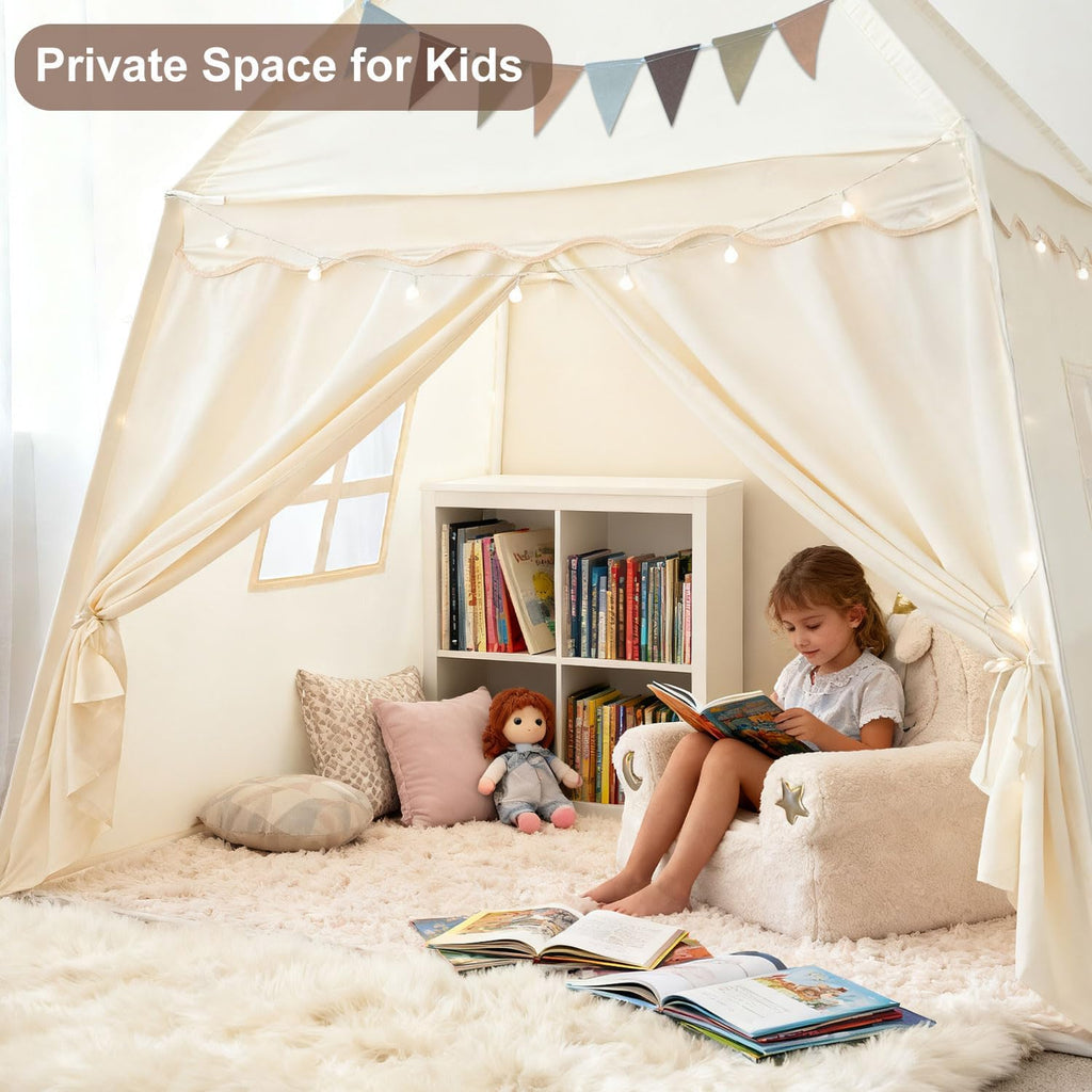 Extra Large Kids Play Tent Indoor: 59x39x59in with Mat Lights Flags Cream