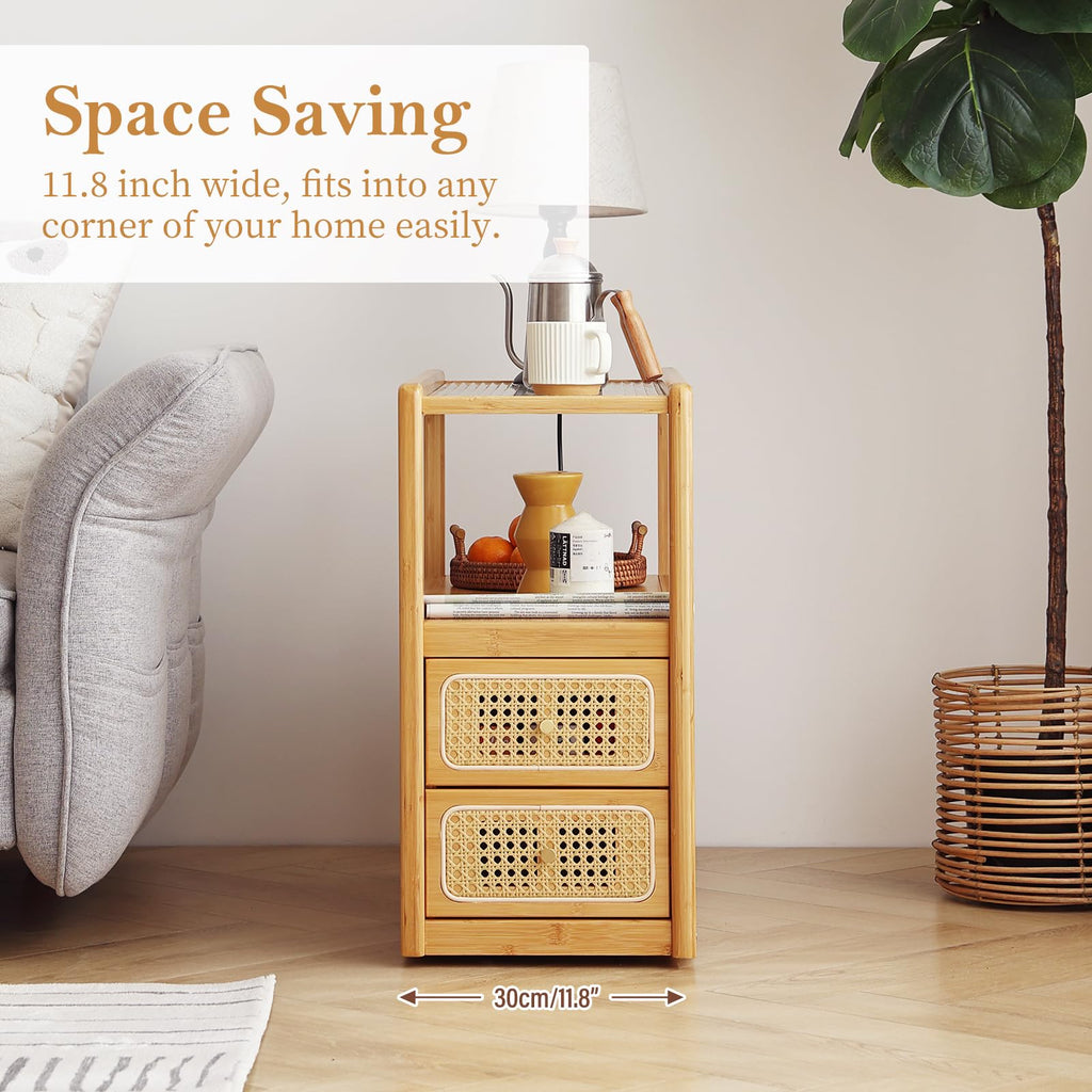 Rattan Nightstand, Bamboo with Glass Top & Storage, Wood