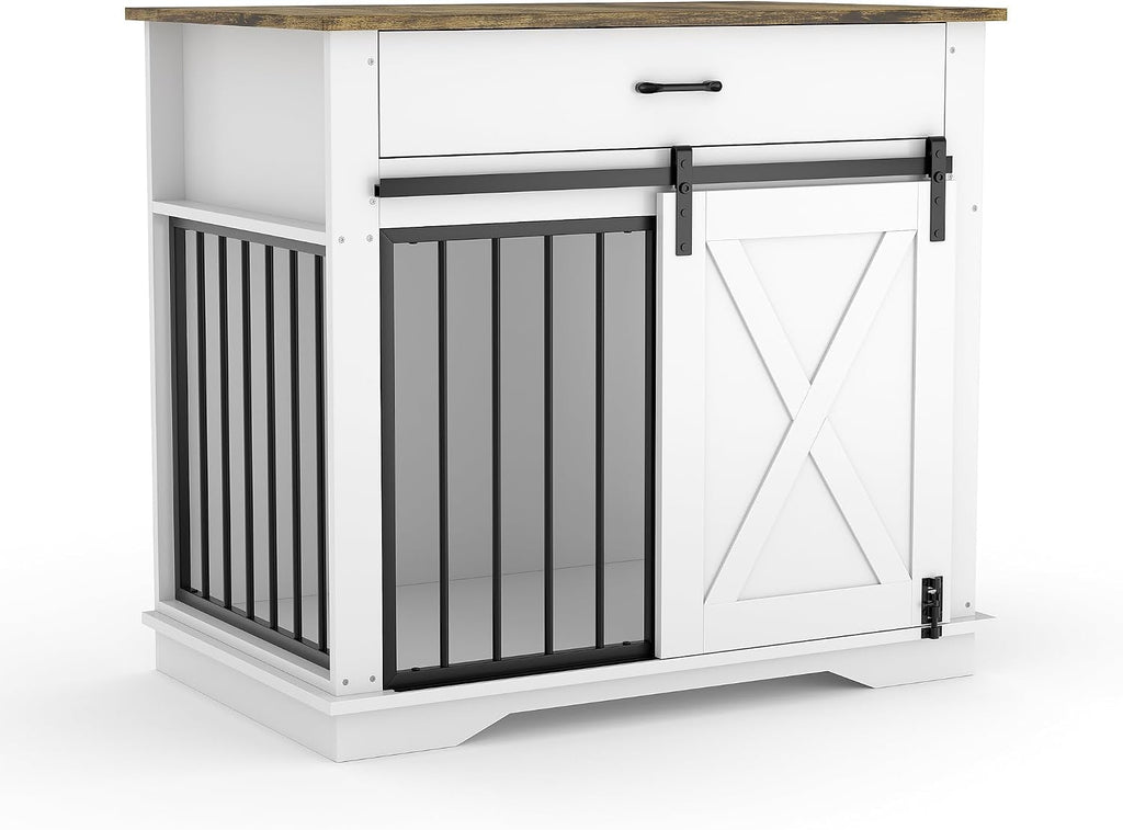 Heavy Duty Dog Crate Furniture 38 Wood Kennel with Barn Door, White
