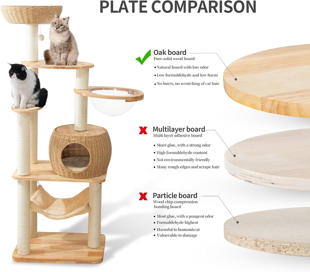 59-Inch Modern Cat Tree Tower for Large Indoor Cats, Handwoven Basket Condo