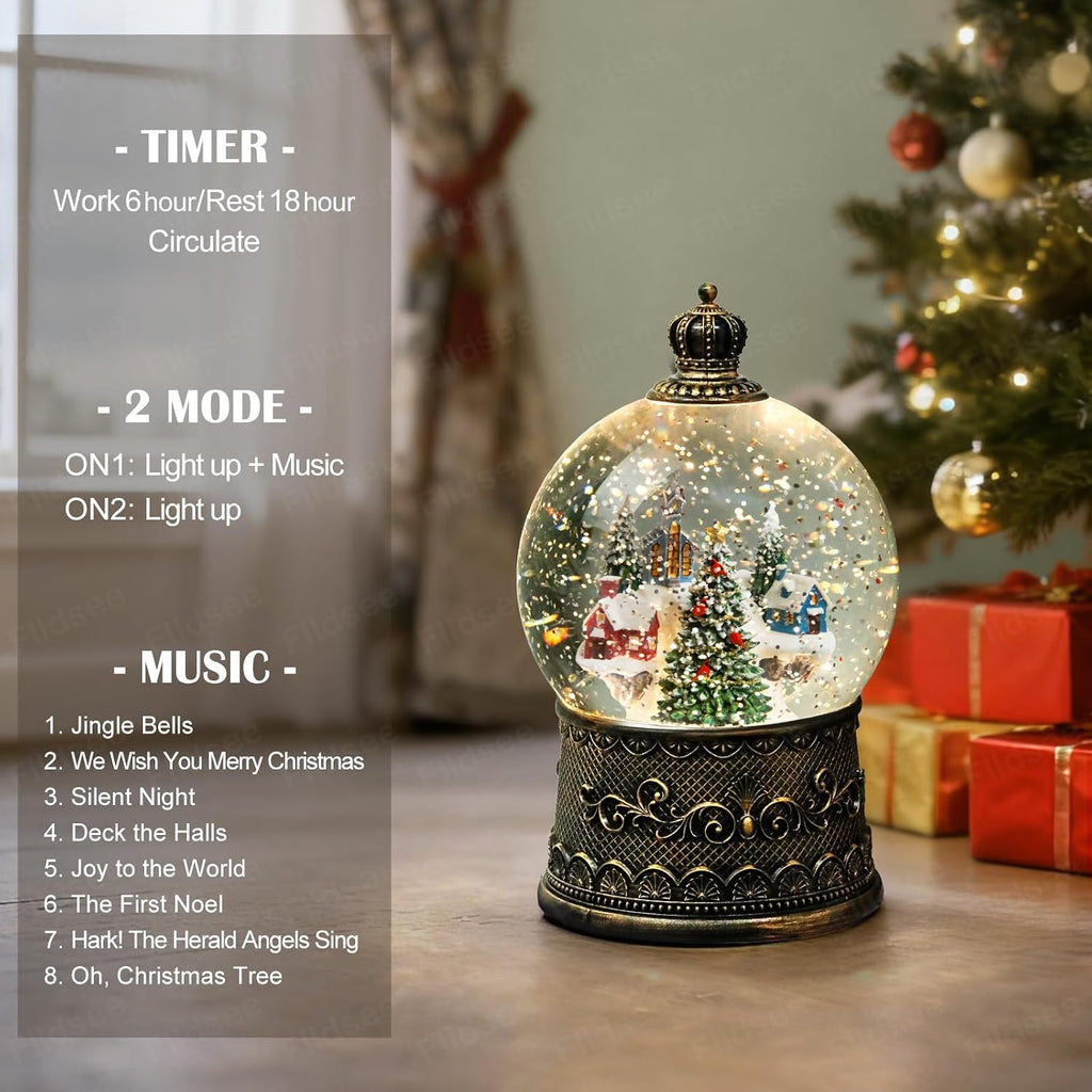 Christmas Snow Globe Lantern, Glitter Musical Snowglobe Light with Timer, USB & Battery Powered Music Box, Village
