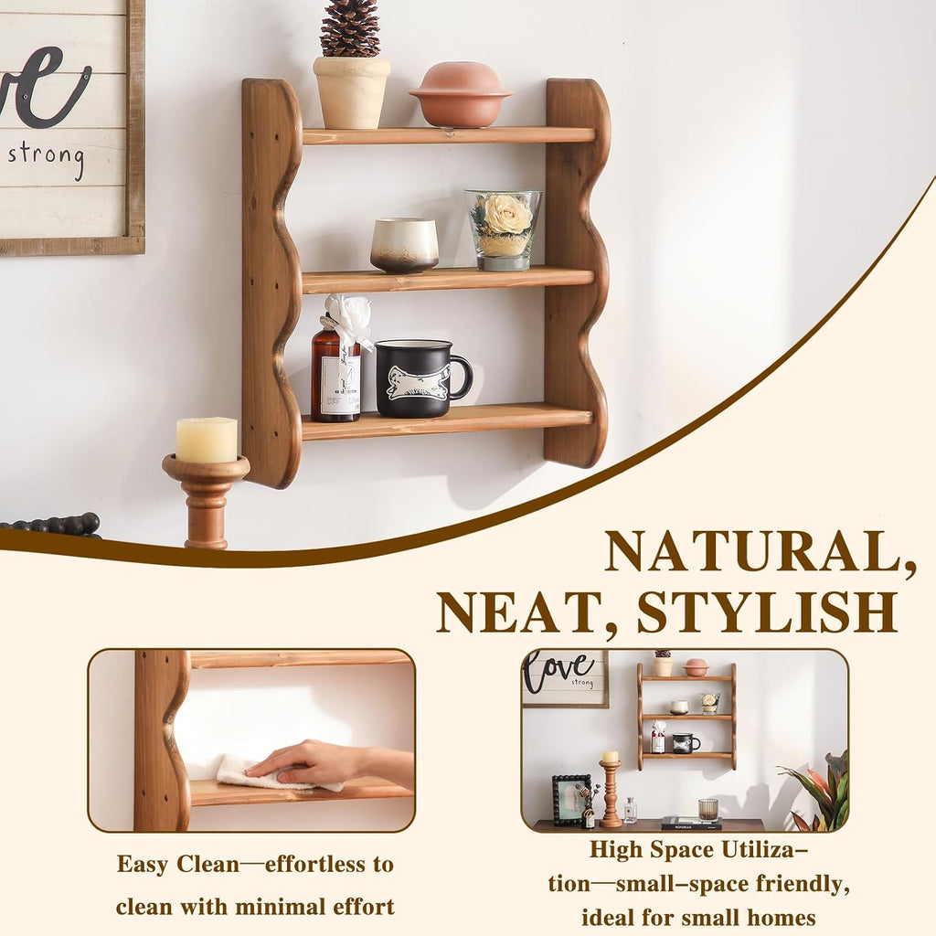 100% Solid Wood Wall Shelf 3-Tier, Rustic Floating Shelves Wall Mounted Storage Rack, Farmhouse Decor Hanging Shelf